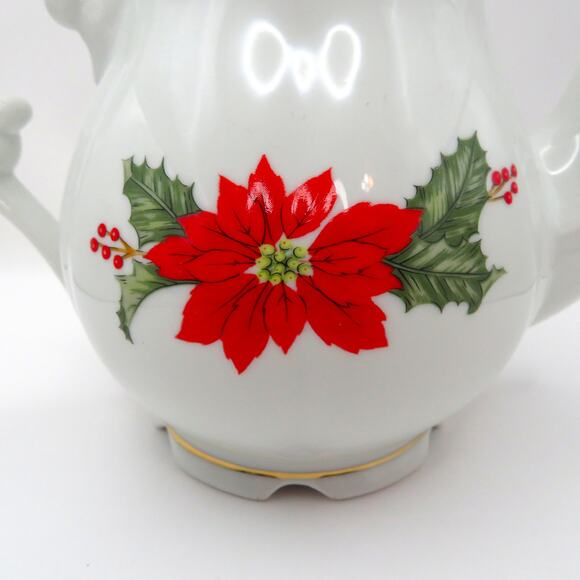 Lefton Christmas Teapot 1987 Poinsettia Holly Gold Trim Holiday Serveware Japan - Picture 11 of 16